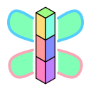 A colorful stack of three rectangular prisms, with fairy wings on each side.